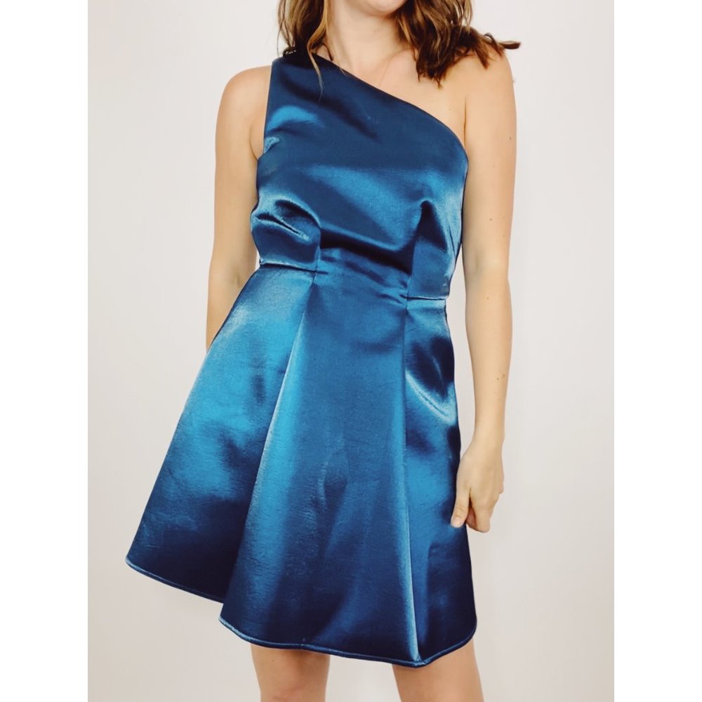 ASOS One Shoulder Teal Metallic Fit & Flare Mini Dress Size 8 - Picture 6 of 7